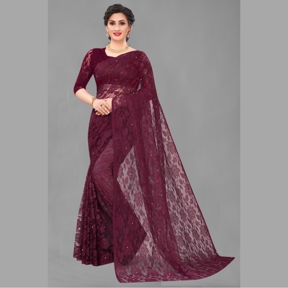 Other - ❤️Pearl Embellished Net Jacquard Saree with Unstitched Blouse❤️ Maroon